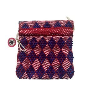 Vintage Emson Reversible Red Blue White Stripe Diamond Pattern‎ Bead Cinch Purse